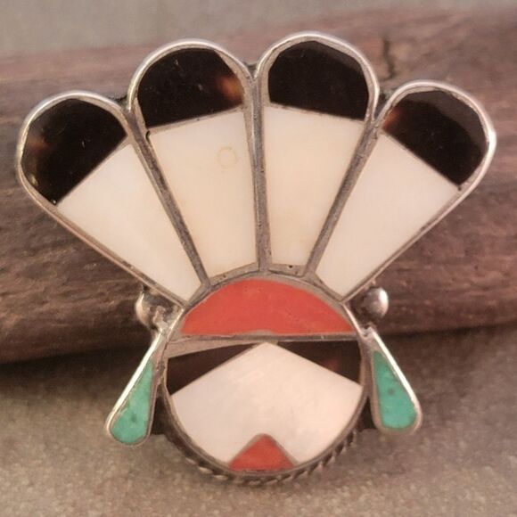 Vintage Sterling Zuni Sun Face Inlay Brooch Pin - Picture 2 of 9